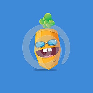 Vector funny cartoon carrot character with sunglasses isolated on blue background. funky smiling summer vegetable