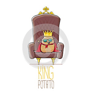 Vector funny cartoon cool cute brown smiling king potato with golden royal crown and red mantle or cape sitting on brown