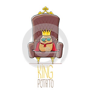 Vector funny cartoon cool cute brown smiling king potato with golden royal crown and red mantle or cape sitting on brown