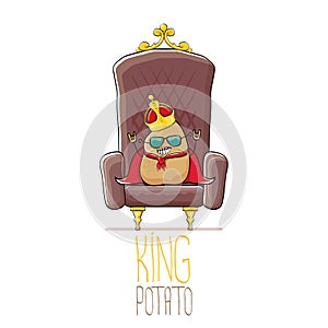 Vector funny cartoon cool cute brown smiling king potato with golden royal crown and red mantle or cape sitting on brown