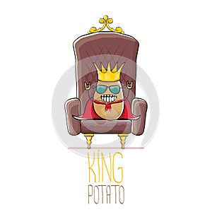 Vector funny cartoon cool cute brown smiling king potato with golden royal crown and red mantle or cape sitting on brown