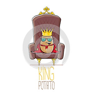 Vector funny cartoon cool cute brown smiling king potato with golden royal crown and red mantle or cape sitting on brown