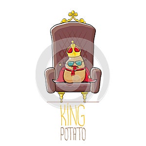 Vector funny cartoon cool cute brown smiling king potato with golden royal crown and red mantle or cape sitting on brown