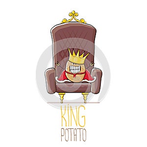 Vector funny cartoon cool cute brown smiling king potato with golden royal crown and red mantle or cape sitting on brown