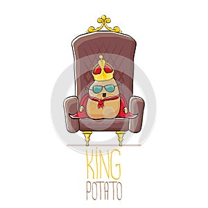 Vector funny cartoon cool cute brown smiling king potato with golden royal crown and red mantle or cape sitting on brown