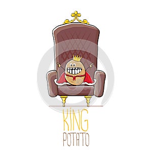 Vector funny cartoon cool cute brown smiling king potato with golden royal crown and red mantle or cape sitting on brown