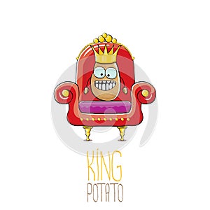 Vector funny cartoon cool cute brown smiling king potato with golden royal crown sitting on the throne isolated on white