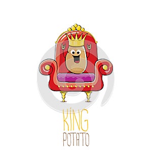 Vector funny cartoon cool cute brown smiling king potato with golden royal crown sitting on the throne isolated on white