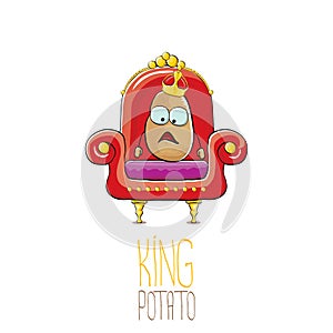 Vector funny cartoon cool cute brown smiling king potato with golden royal crown sitting on the throne isolated on white