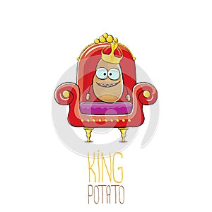 Vector funny cartoon cool cute brown smiling king potato with golden royal crown sitting on the throne isolated on white