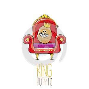 Vector funny cartoon cool cute brown smiling king potato with golden royal crown sitting on the throne isolated on white