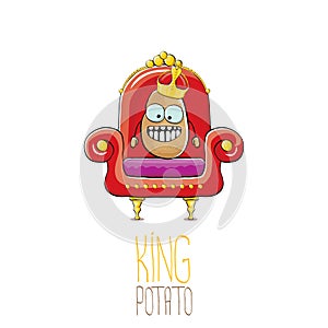 Vector funny cartoon cool cute brown smiling king potato with golden royal crown sitting on the throne isolated on white