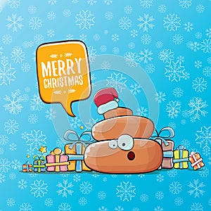 Vector funny cartoon cool cute brown smiling poo icon with santa red hat, gifts and speech bubble on christmas blue