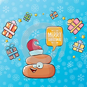 Vector funny cartoon cool cute brown smiling poo icon with santa red hat, gifts and speech bubble on christmas blue