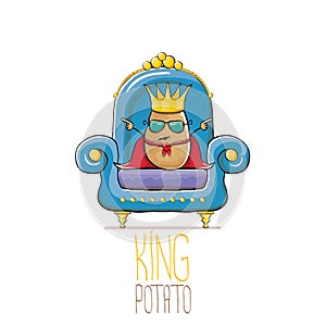 Vector funny cartoon cute brown smiling king potato with golden royal crown and red mantle or cape sitting on blue