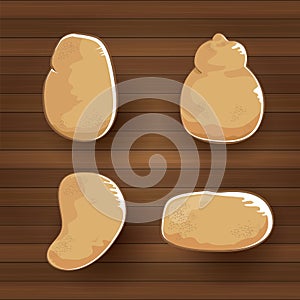 Vector funny cartoon cute brown sweet potatoes set flat lay on wooden table background. potato label design . top view