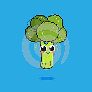 Vector funny cartoon cute green smiling broccoli character isolated on blue background. healthy food vector concept. vegetable fun