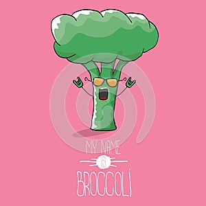 Vector funny cartoon cute green smiling broccoli character isolated on pink background.