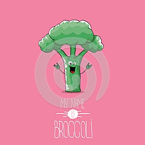 Vector funny cartoon cute green smiling broccoli character isolated on pink background.