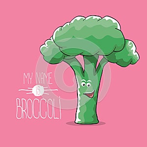 Vector funny cartoon cute green smiling broccoli character isolated on pink background.