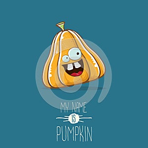 vector funny cartoon cute orange smiling pumkin isolated on blue background. My name is pumkin vector concept