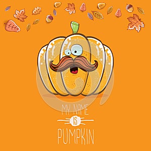 Vector funny cartoon cute orange smiling pumkin isolated on orange background. My name is pumkin vector concept