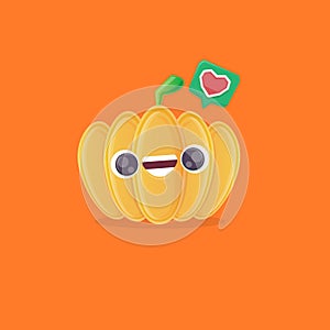 vector funny cartoon pumpkin character isolated on orange background. funky smiling cute autumn vegetable character