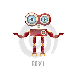 Vector funny cartoon red friendly robot character isolated on white background. Kids 3d robot toy. chat bot icon