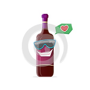 Vector funny cartoon red wine bottle character with sunglasses isolated on white background. funky smiling glass wine