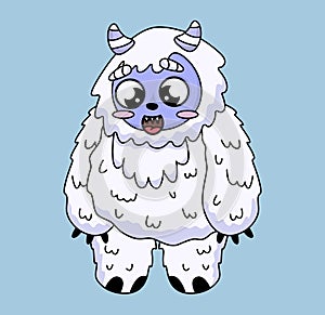 Vector funny cartoon sasquatch, yeti, bigfoot. Cute smiling little Snowman. Design for print, emblem, t-shirt, party decoration,