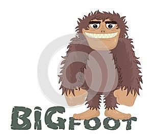 Vector funny cartoon sasquatch, yeti, bigfoot standing friendly smile. Caveman standing and smiling while standing on the letters.