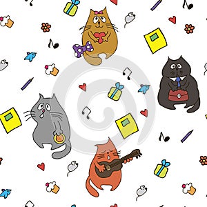 Vector funny cats and hearts seamless hand drawn pattern