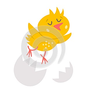 Vector funny chick icon. Spring, Easter or farm little bird illustration. Cute yellow just hatched chicken flying out of egg shell