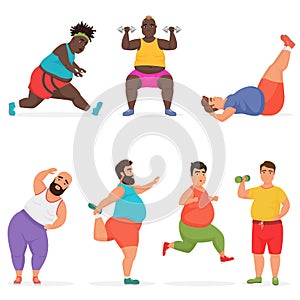 Vector funny chubby fat man characters set doing gym workout exercises. Sport fitness.