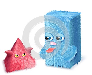 Vector Funny and cute hairy cartoon pink and blue monsters.