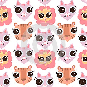 Vector funny flat cartoon cat , liom and tiger heads seamless pattern. Flat Feline background. Faces with big eyes