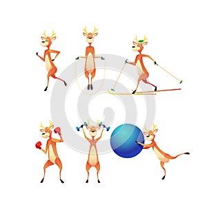 Vector funny flat reindeer doing sports set