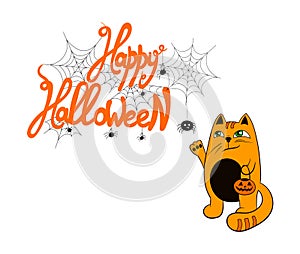 Vector Funny Halloween Greeting Illustration, Card Template, Bright Orange `Happy Halloween` Lettering and Cute Red Cat.