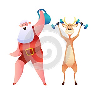Vector funny santa and reindeer doing sport