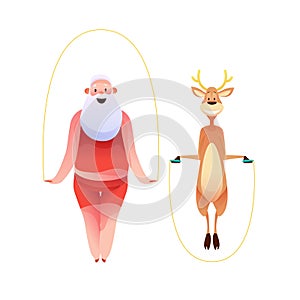 Vector funny santa and reindeer doing sport