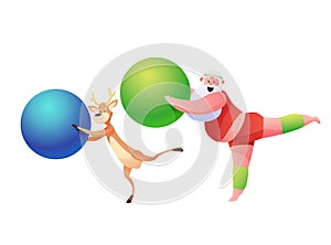 Vector funny santa and reindeer doing sport