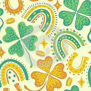 Vector funny seamless pattern for Patrick\'s day with lucky clover, money, horseshoe and rainbow