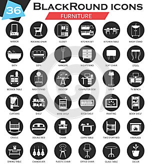 Vector Furniture circle white black icon set. Ultra modern icon design for web.