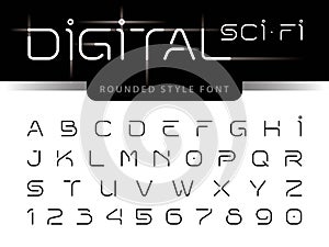 Vector of Futuristic Alphabet Letters and numbers, One linear stylized rounded fonts, Digital Techno