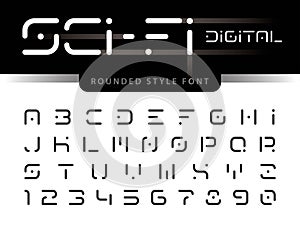 Vector of Futuristic Alphabet Letters and numbers, One linear stylized rounded fonts, Digital Techno