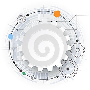 Vector futuristic technology, 3d white paper gear wheel on circuit board.