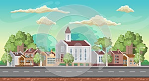 Vector game background. Colorful landscape orientation. Panorama with city