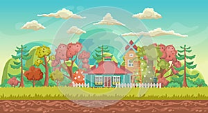 Vector game background. Landscape orientation. Panorama with cute village