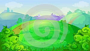 Vector game background with summer meadow, hills and bushes