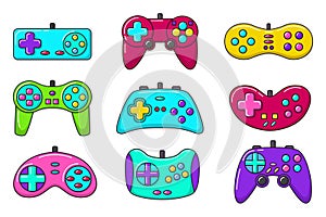 Vector game controller gamepad icons set. Multicolored joysticks elements flat style isolated on white background. Retro